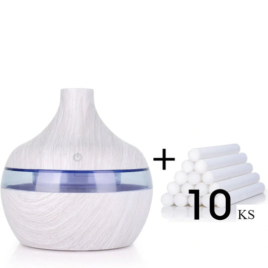 Compact wood grain USB humidifier with 300ml capacity, yellow wood-grain finish, LED lights, for aromatherapy misting