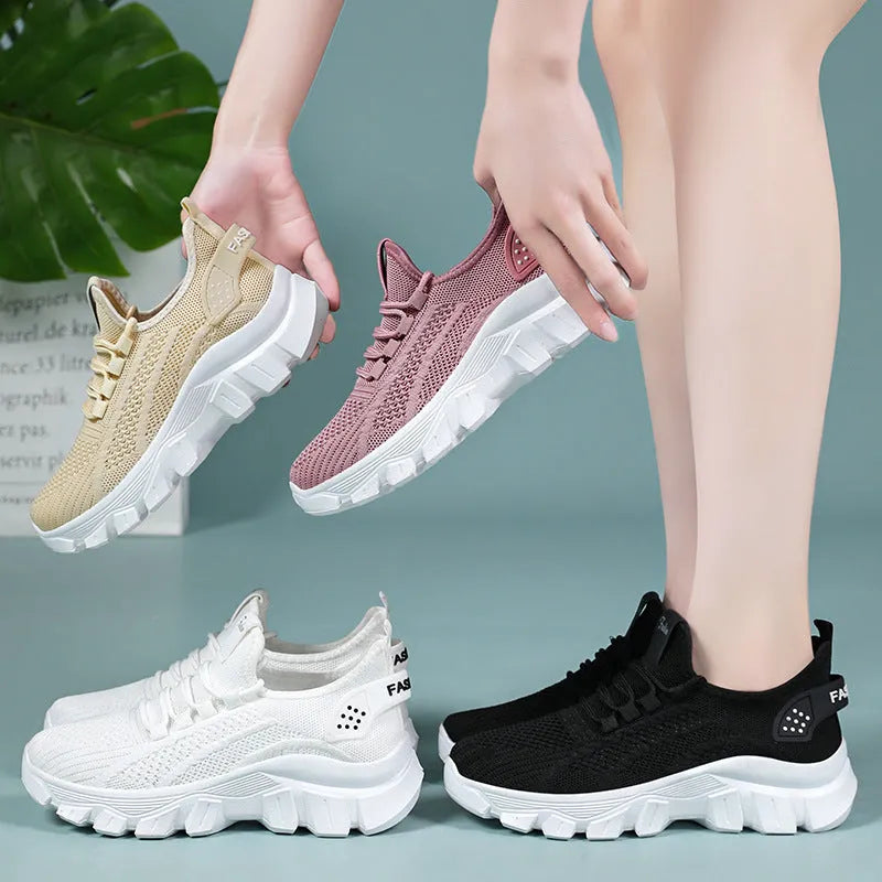 Women's Flyknit running sneakers with PVC sole in white, pink, beige, or black