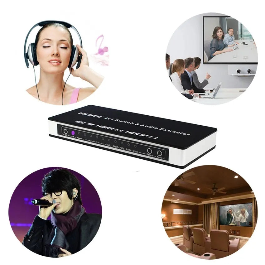 Black HDMI switch with remote control showing 4 HDMI inputs and 1 output for video switching with audio separation