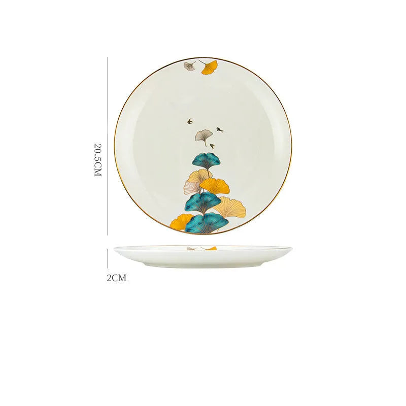 Round porcelain dinner plate with Nordic plant and flower design, flat disk shape, glaze colour finish