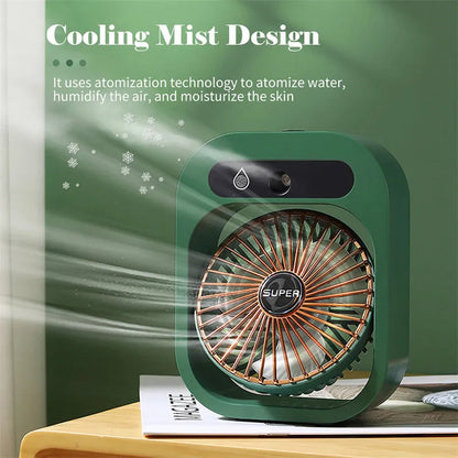 Green and white USB rechargeable misting fan humidifier with adjustable head on a desk