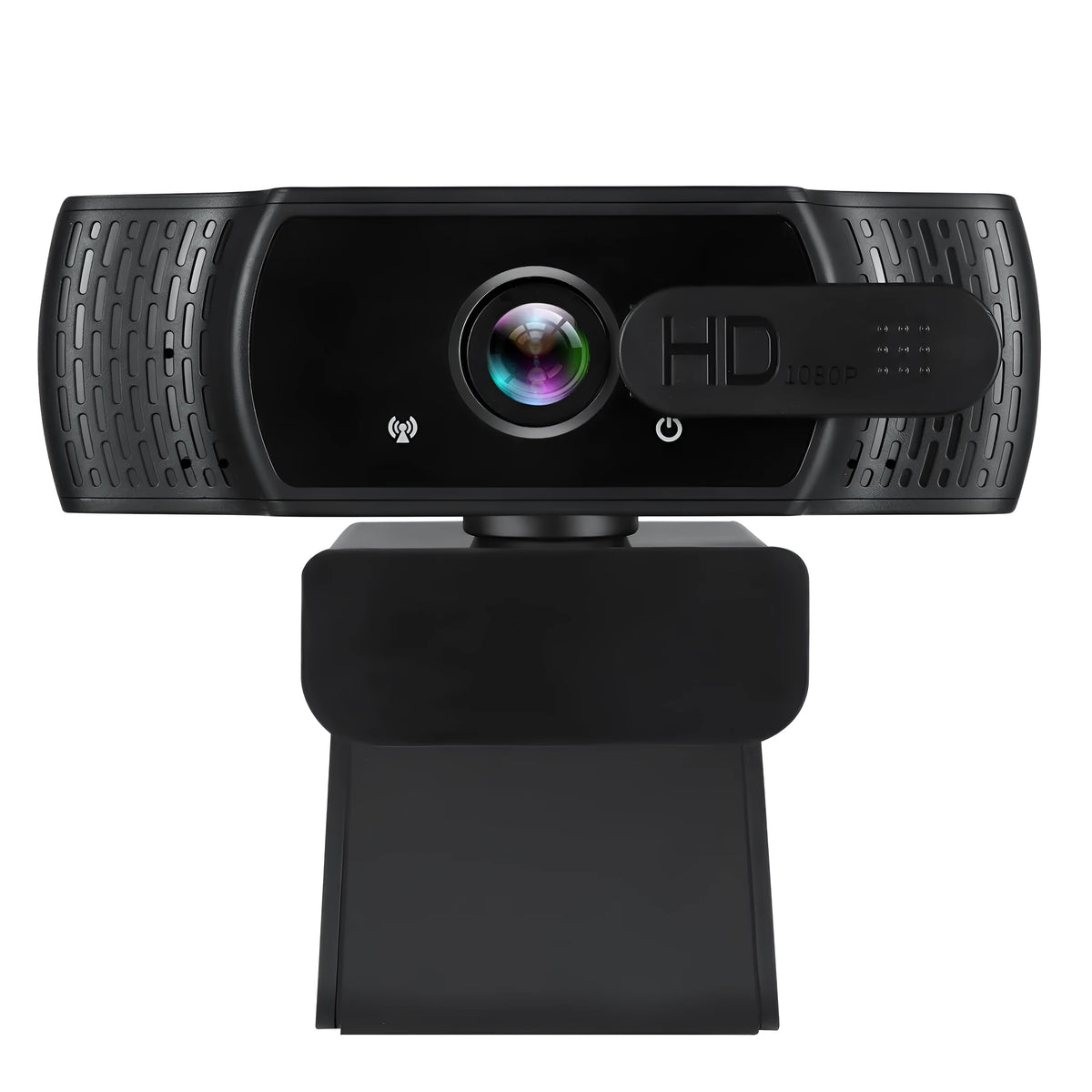 Black USB webcam with microphone on a laptop screen, showing 360-degree rotation and universal clip.