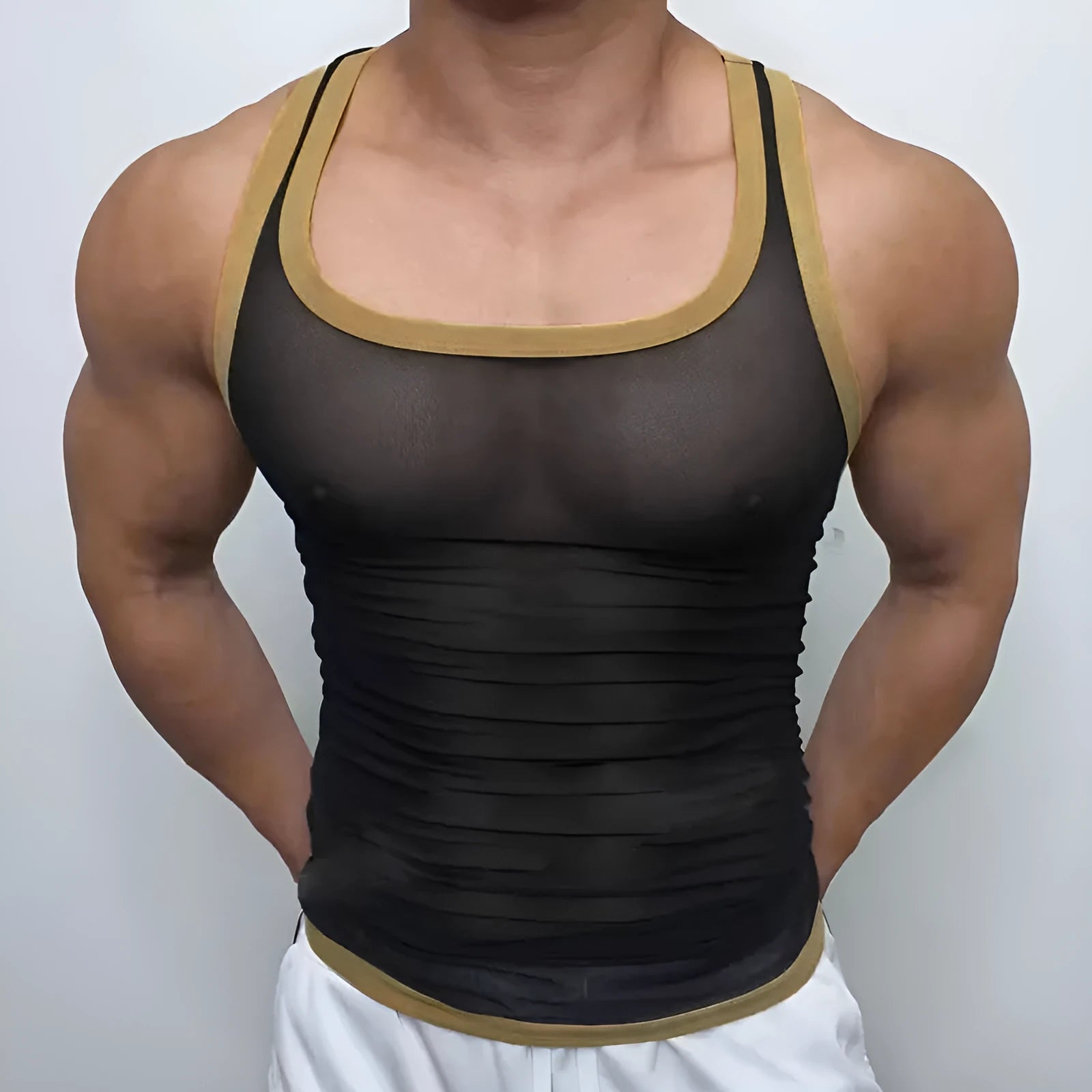 Men's tight-fitting white mesh fitness vest for sports, showing breathable fabric and straight hem design.