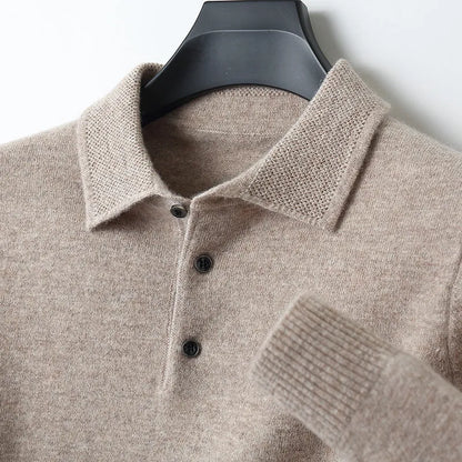 Men's woolen polo collar pullover sweater in seven colour options with long sleeves and textured stitching details