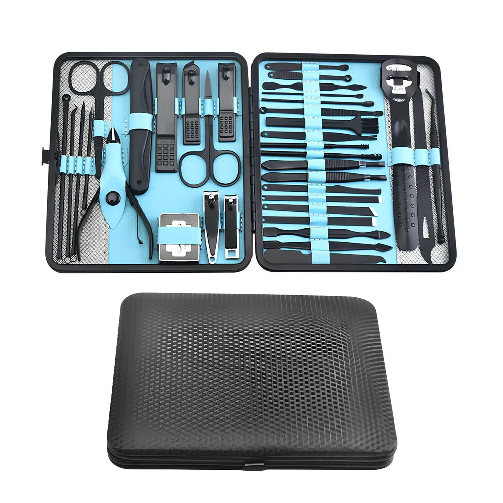 Beauty and manicure nail care kit with stainless steel tools in PU leather case showing multiple grooming implements