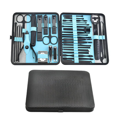 Beauty and manicure nail care kit with stainless steel tools in PU leather case showing multiple grooming implements