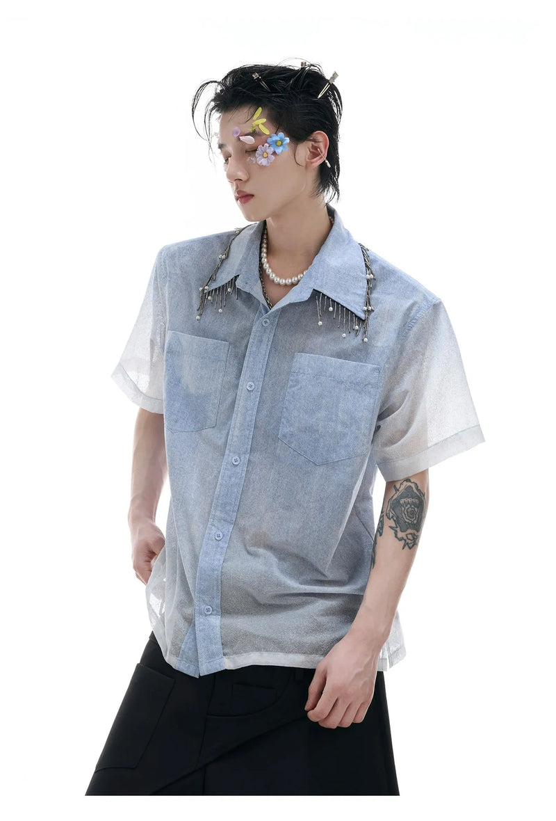 Men's loose fit short sleeve shirt in blue and white gradient design, quilted composite fabric construction with youthful pop style, available in sizes M, L, and XL for casual wear and everyday use