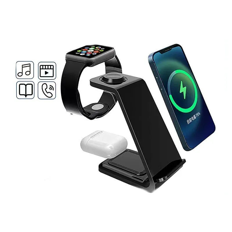 White 3-in-1 wireless charging station with phone upright in holder, watch and earbuds on charging pads