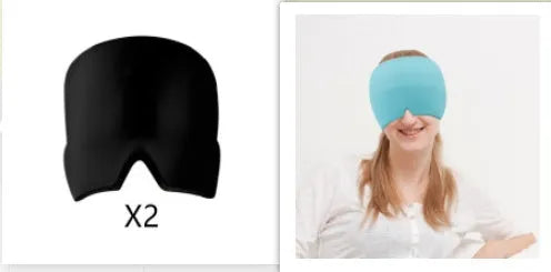 Black elastic cloth gel cold compress eye mask for headache relief on a grey background.