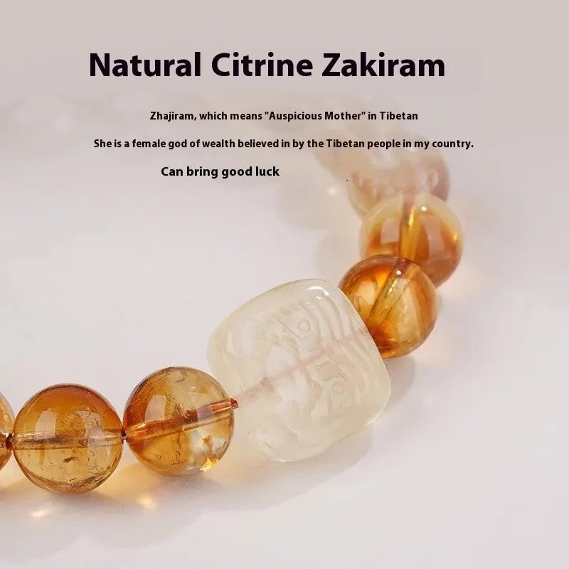 Women's carved citrine crystal ethnic bracelet with geometry pattern measuring 10mm wide
