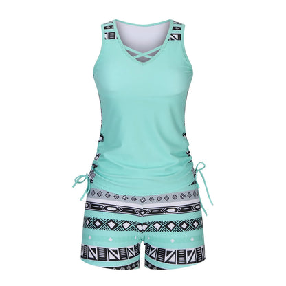 Women's separate swimsuit set showing knotted bikini top and high-waisted briefs in multiple colour options
