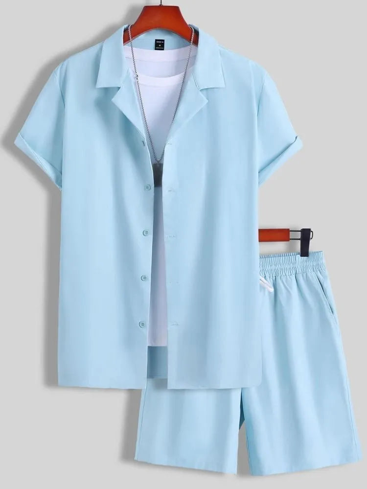 Men's short sleeve Cuban collar sport suit set with matching polyester shorts in multiple colour options