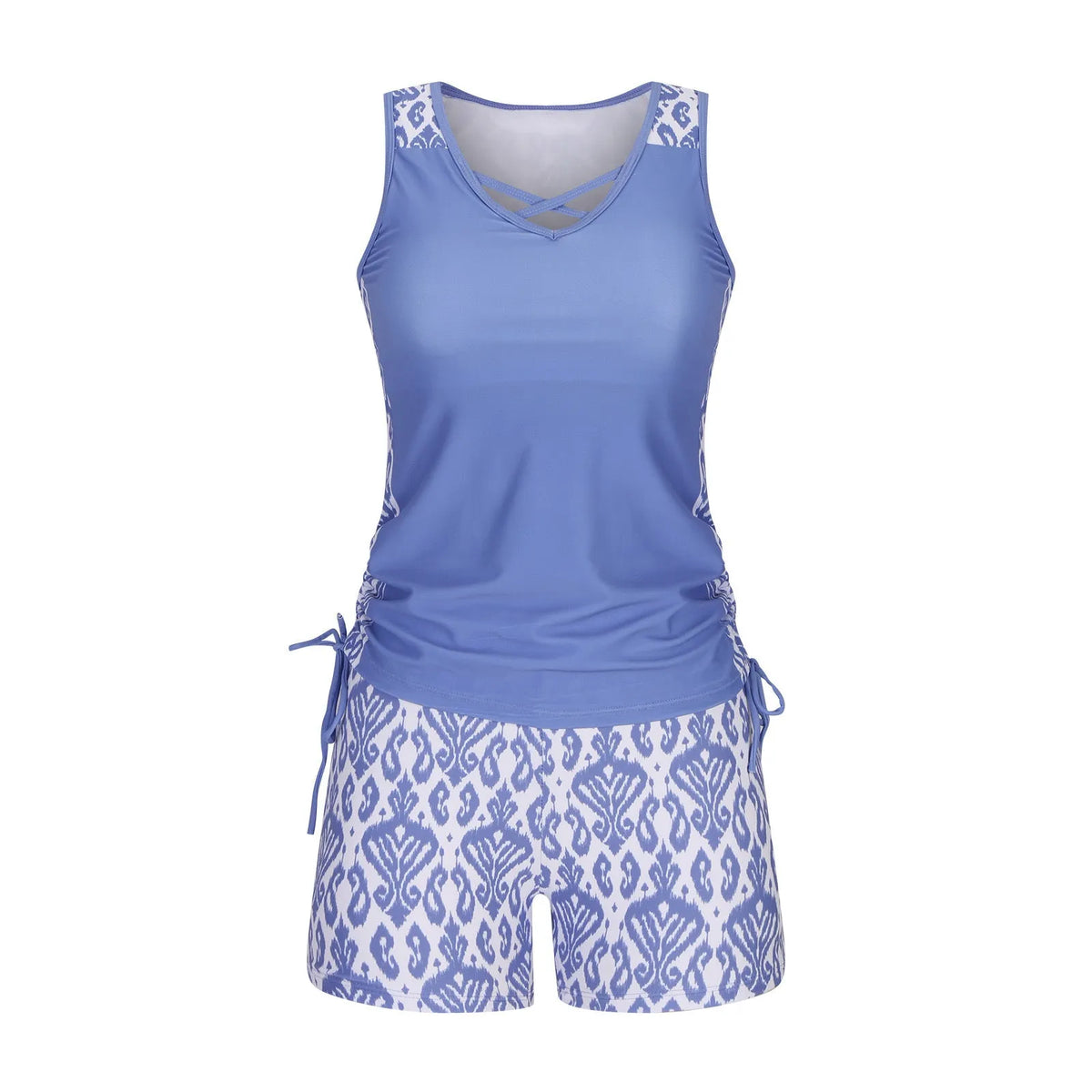 Women's separate swimsuit set showing knotted bikini top and high-waisted briefs in multiple colour options