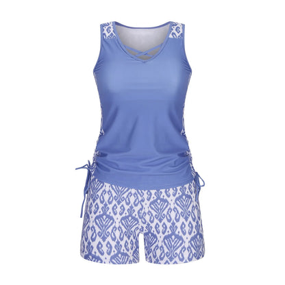 Women's separate swimsuit set showing knotted bikini top and high-waisted briefs in multiple colour options