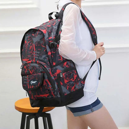 Blue nylon backpack showing front organisational pockets, side water bottle holder, and adjustable shoulder straps