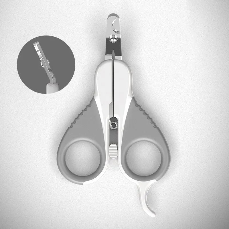 Grey and pink handled cat nail clippers with angled blade and safety lock for small pets