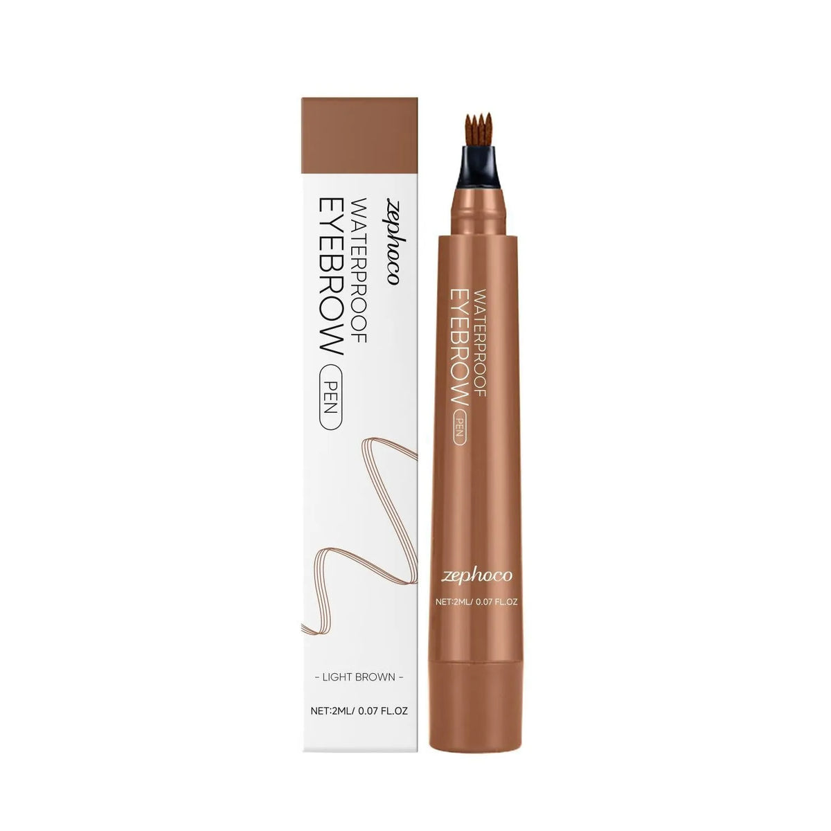 Close-up of a waterproof eyebrow pencil in a dark brown shade on a neutral background.