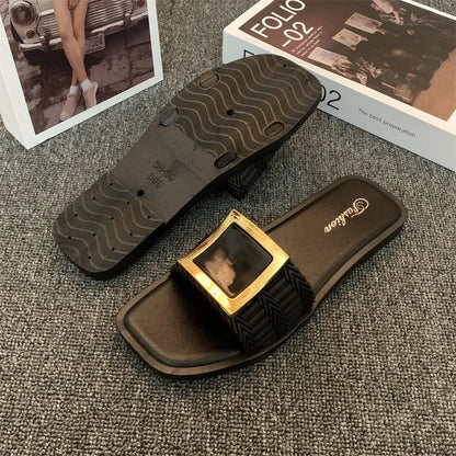 Women's summer flat slippers with PVC sole in apricot, black or khaki colours