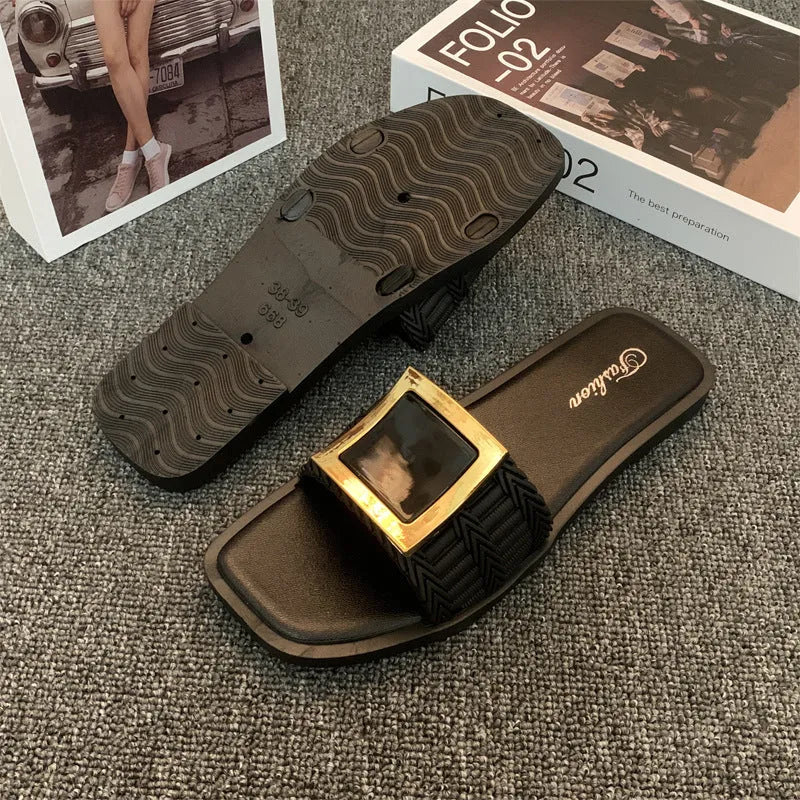 Women's summer flat slippers casual shoes with PVC sole in apricot, black or khaki colour, available in sizes 36-37, 38-39 and 40-41, featuring breathable, waterproof, lightweight and non-slip properties