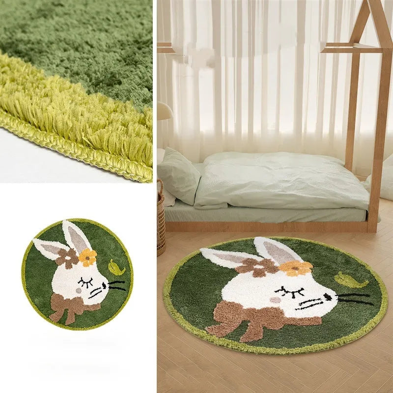 Round soft polyester children's floor carpet in forest green with anti-slip backing, shown beside a bed.
