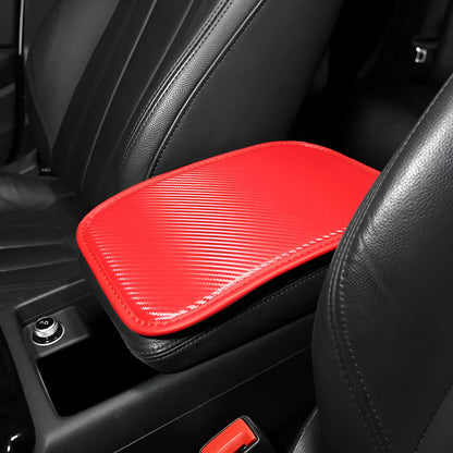 Leather automotive armrest box mat for car centre console protection.