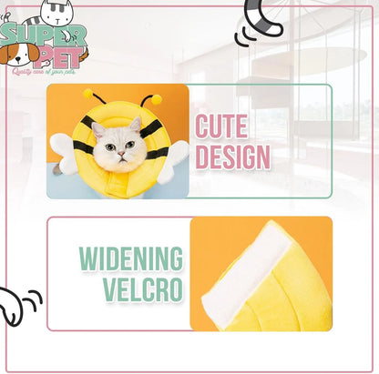 Soft cat cone collar with a yellow and black bee design and Velcro closure.