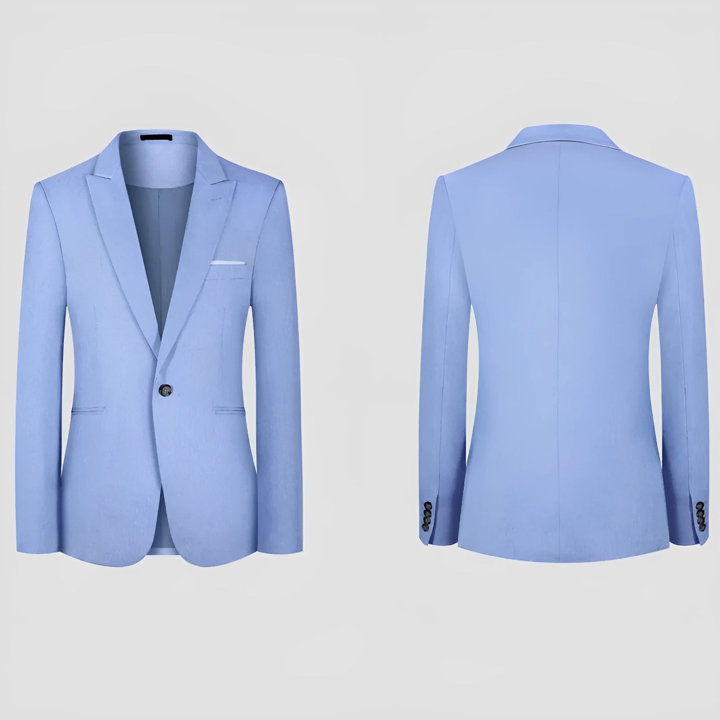 Men's light blue Western-style casual suit for spring and summer with detailed sizing measurements