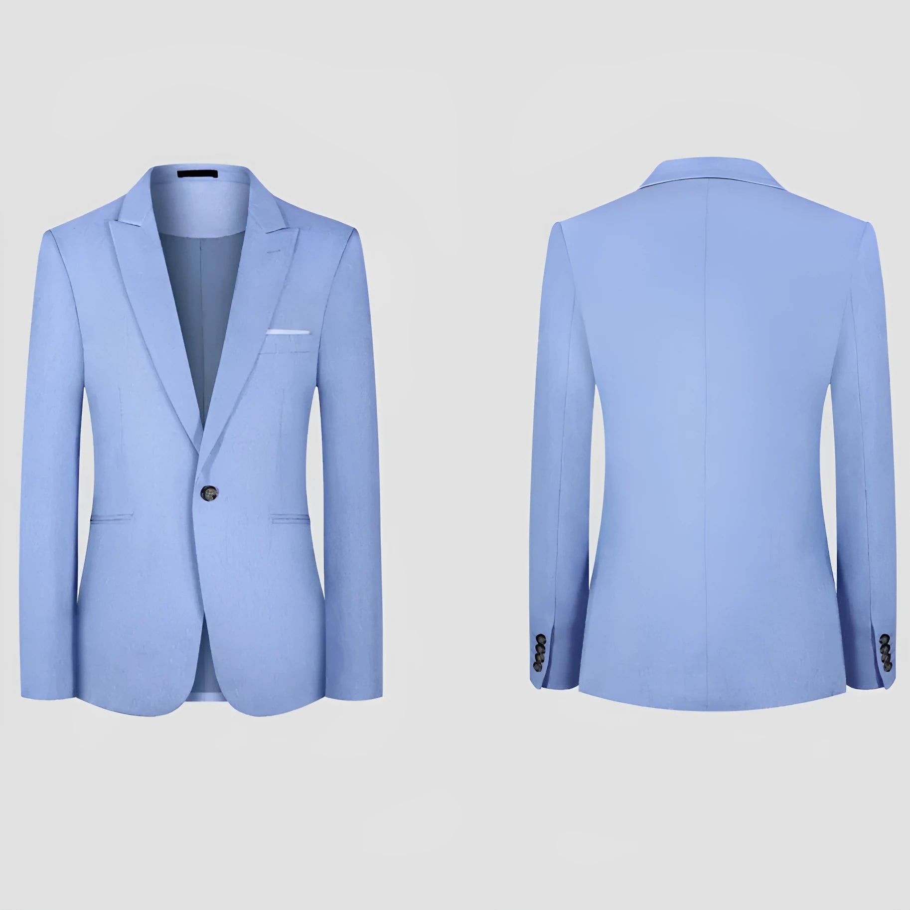 Men's light blue Western-style casual suit for spring and summer with detailed sizing measurements
