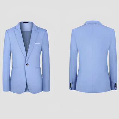 Men's light blue Western-style casual suit for spring and summer with detailed sizing measurements