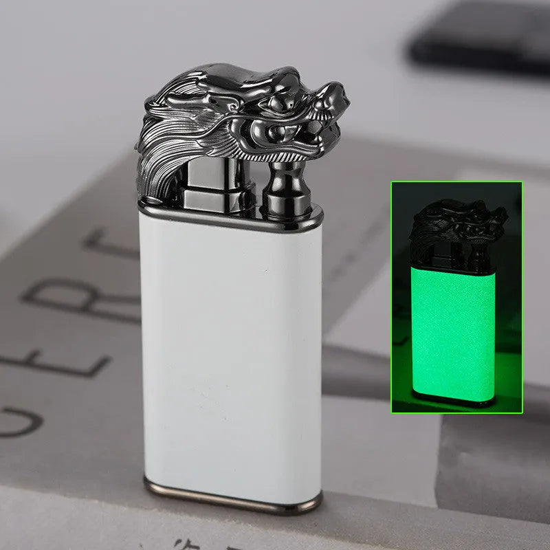 Metal windproof lighter with double flame and dragon design, showing flame from mouth.