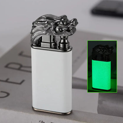 Metal windproof lighter with double flame and dragon design, showing flame from mouth.