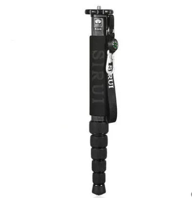 Black carbon fibre telescopic monopod for SLR cameras shown at full extension.