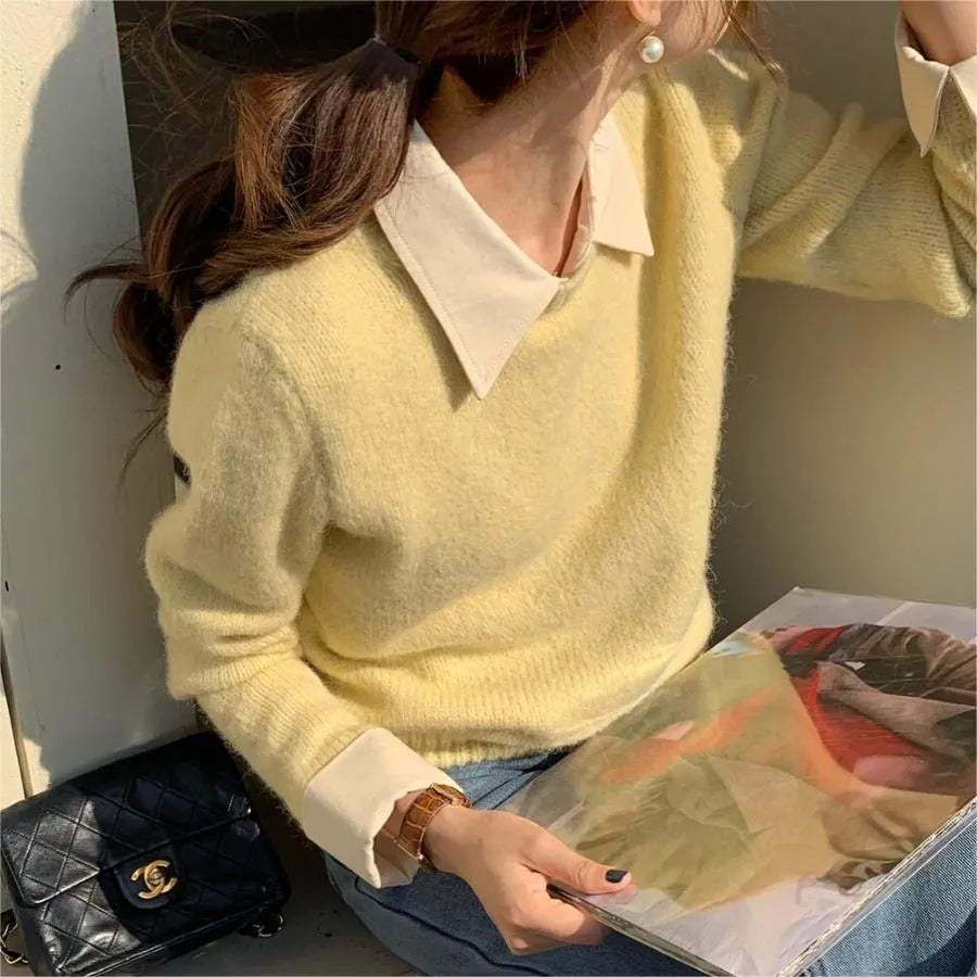 Women's loose fit knitwear top with contrast colour lapels in polyester fabric