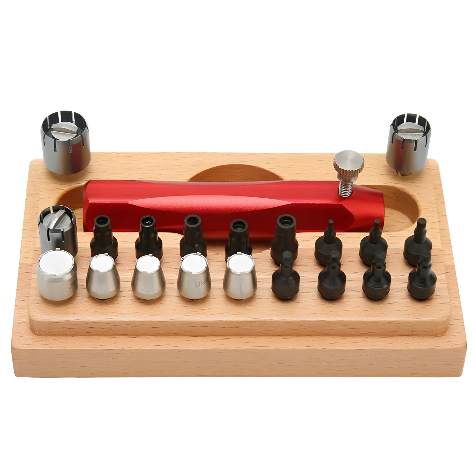 20-piece steel watch case opening tool set laid out on a surface