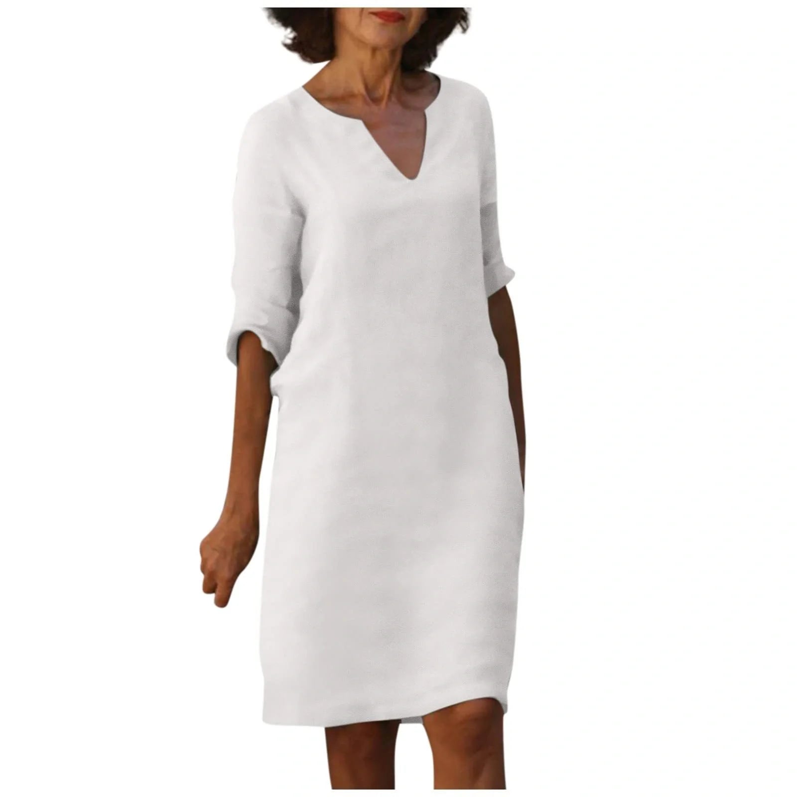 Retro cotton and linen V-neck dress with high waist and summer stitching in various colours