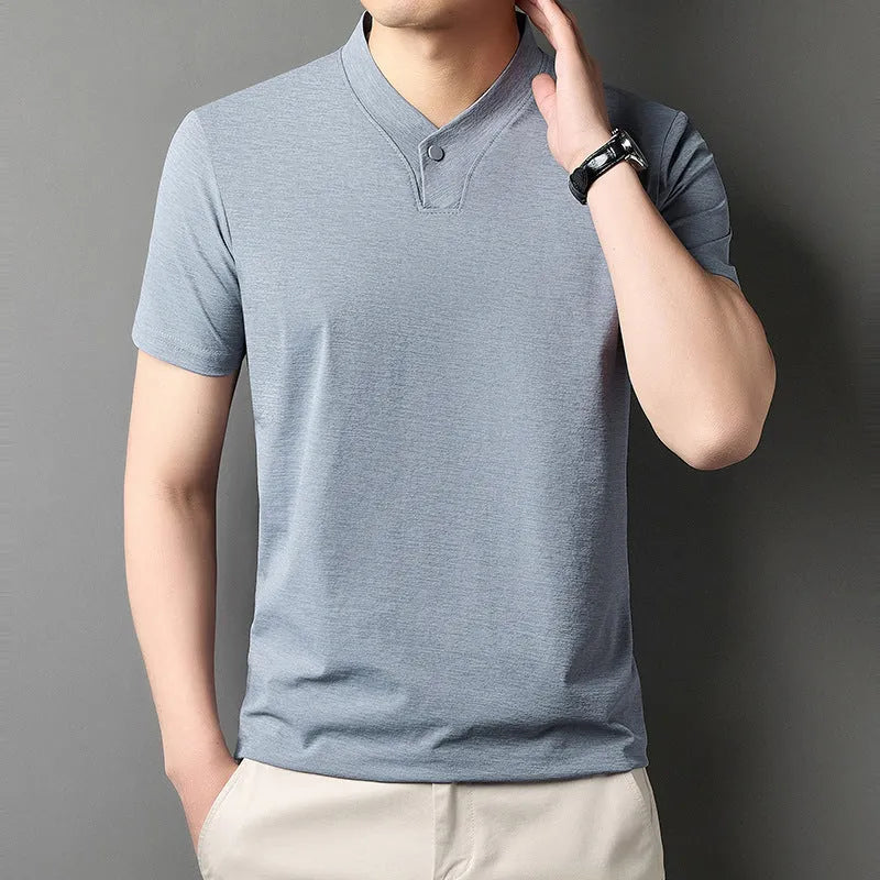 Men's short sleeve t-shirt with front zipper high-collar in polyester blend fabric