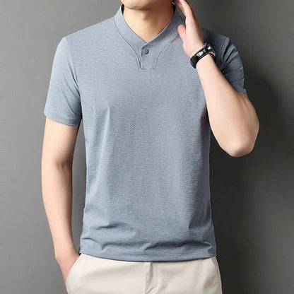 Men's short sleeve t-shirt with front zipper high-collar in polyester blend fabric