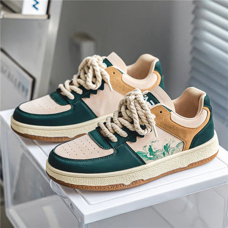 Comfortable lace-up casual shoes for men in various colors featuring soft, thick soles, breathable mesh lining, and stylish stitching details