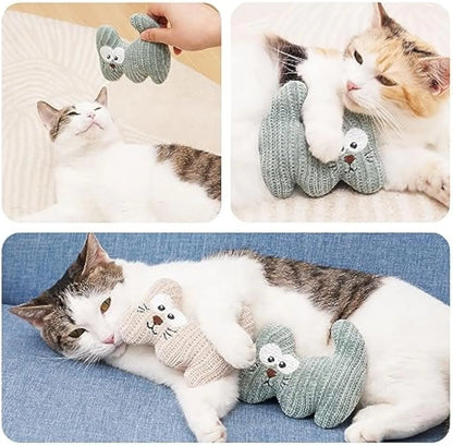 Cyan knitted plush cat toy with rope ends, shown next to a light coffee coloured version.