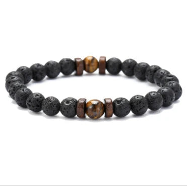 A stylish and durable men's bracelet made with volcanic stone, flash stone, and wood chips