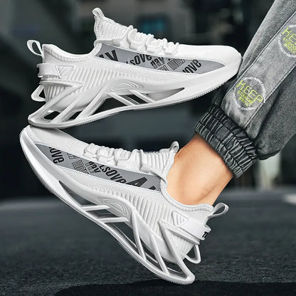 Men's fly woven mesh casual trainers in solid colours with embroidery detail on breathable upper