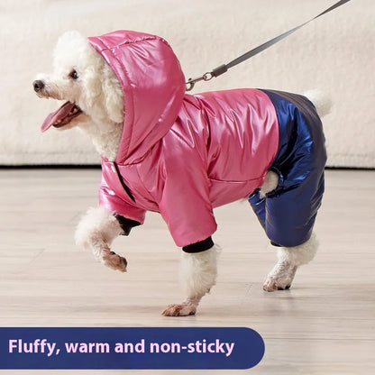 Green waterproof four-legged dog coat on pet showing full coverage design