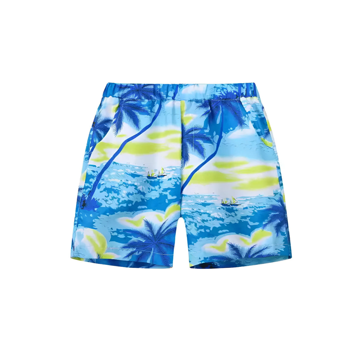 Multi-colour printed beach shorts with hairband belt on a mid-waist, shown in a casual summer style.