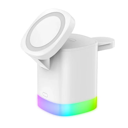 3-in-1 wireless charging station with magnetic functionality and smart lighting for smartphones, smartwatches, and earbuds