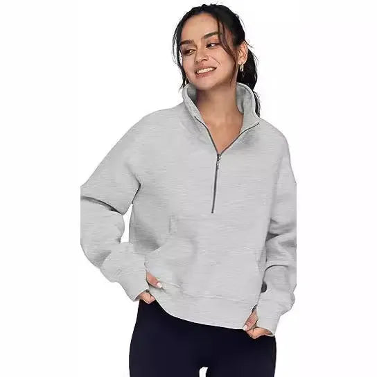 Women's loose lapel fleece-lined sweater in a solid colour with raglan long sleeves.
