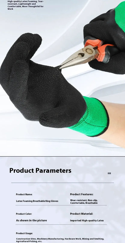Black and green rubber work gloves with textured non-slip surface and extended cuff.