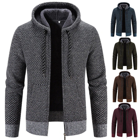 Warm and cozy plush sweater coat with zipper closure, drawstring hood, and long sleeves for winter wear