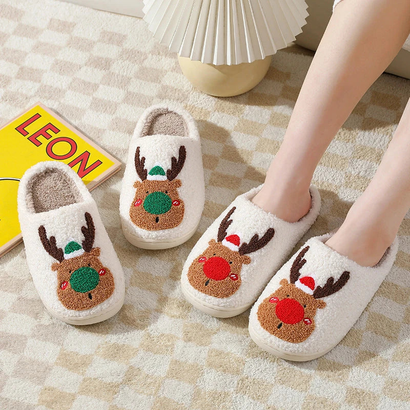 Cozy elk-themed winter home slippers in various candy colors with soft suede upper and supportive EVA sole