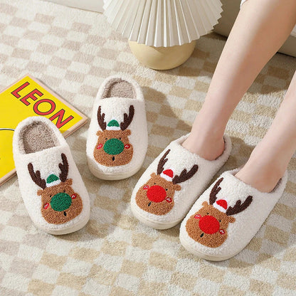 Cozy elk-themed winter home slippers in various candy colors with soft suede upper and supportive EVA sole