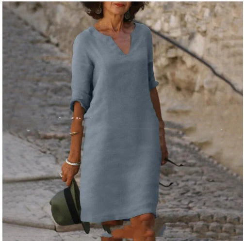 Retro cotton and linen V-neck dress with high waist and summer stitching in various colours